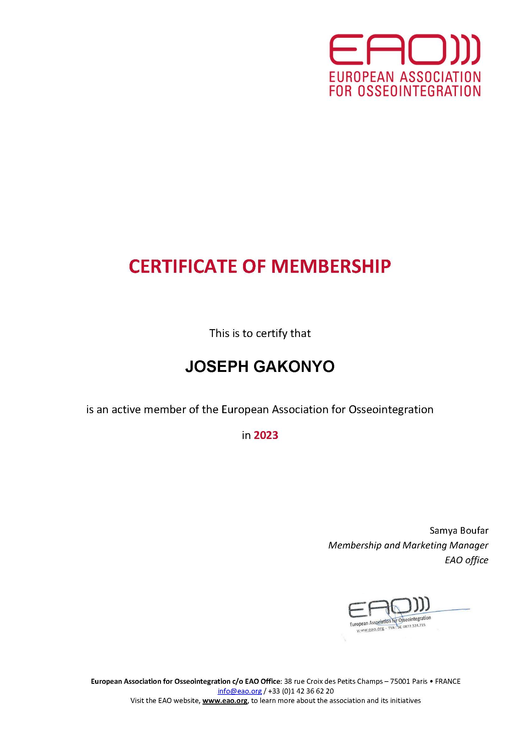 Certificate of membership 2023 Joseph Gakonyo